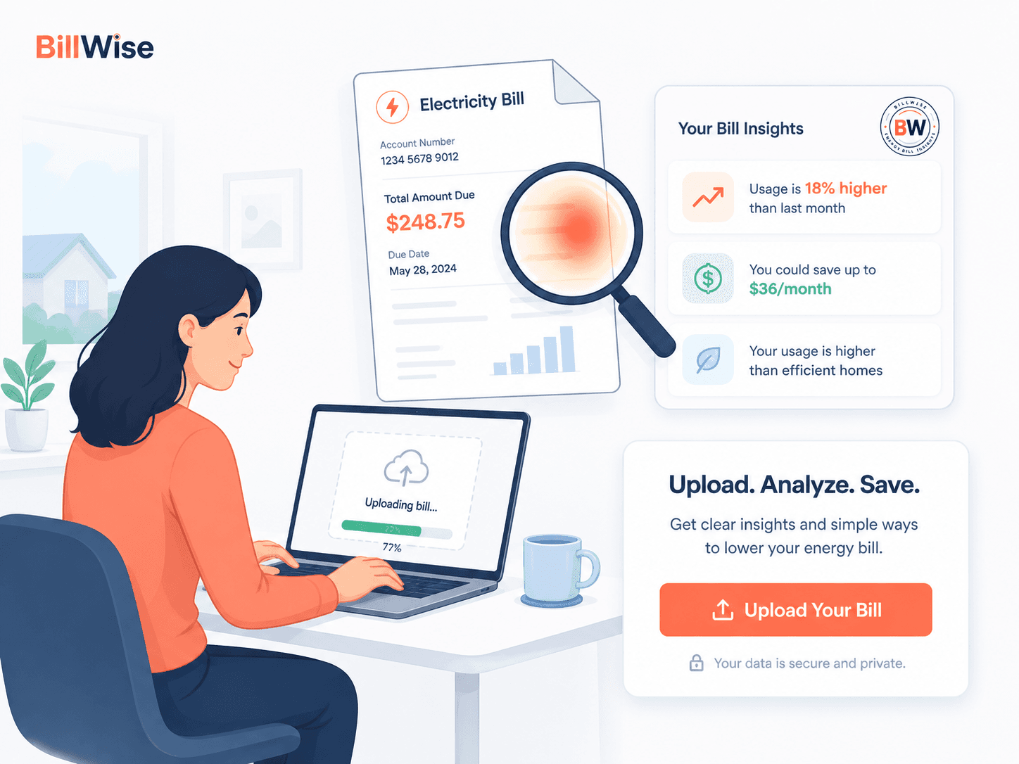 Illustration of the BillWise bill-upload flow — drop your Synergy or gas bill in to see your savings