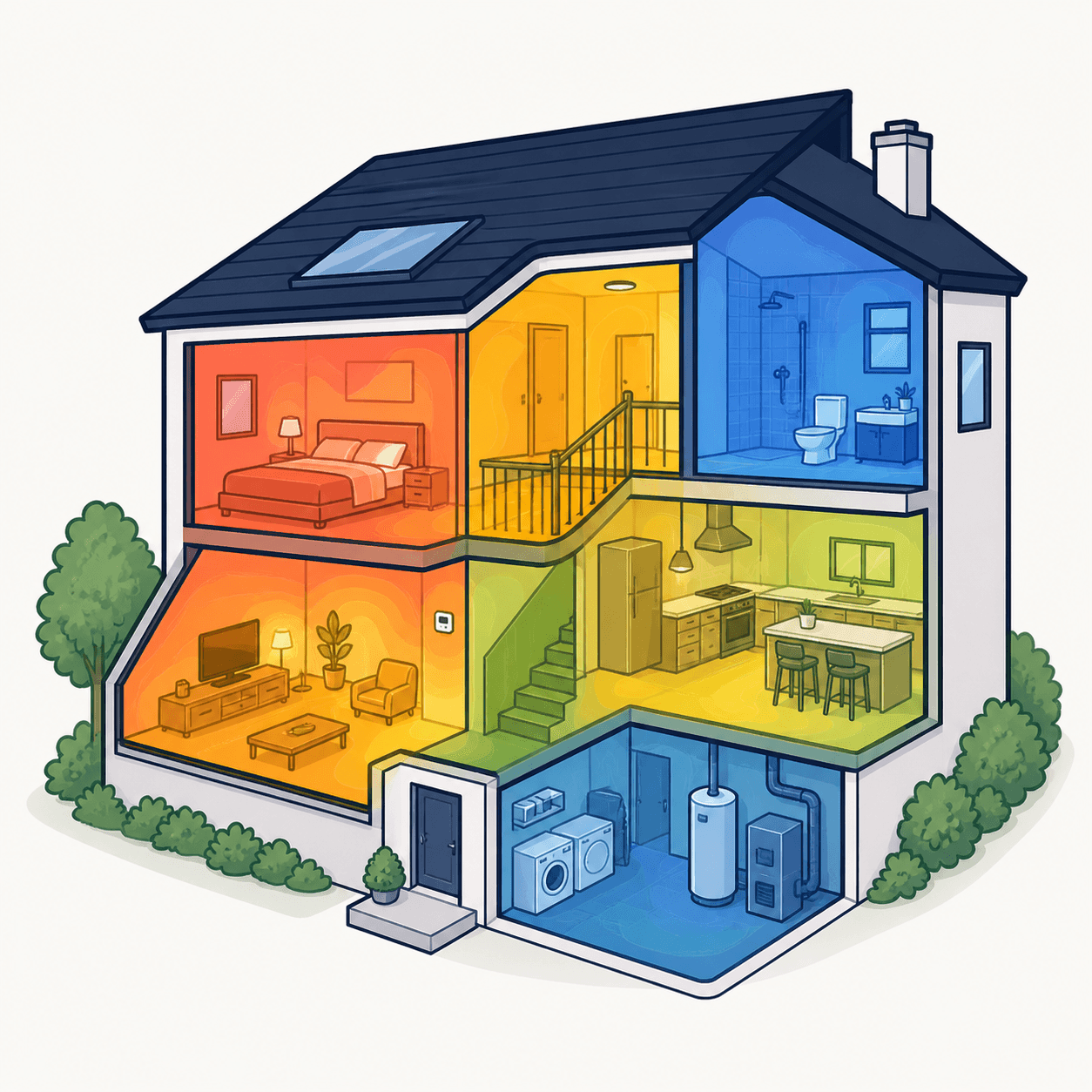 BillWise house cutaway with room-level energy zones
