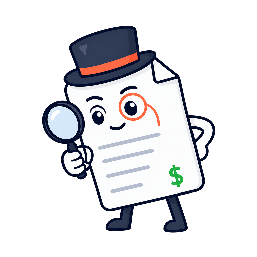 BillWise mascot leaning into a magnifier