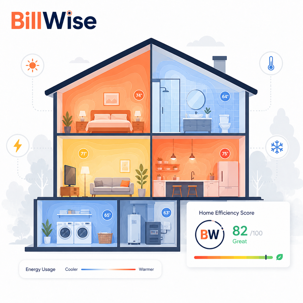 Home energy cutaway — room-by-room thermal view